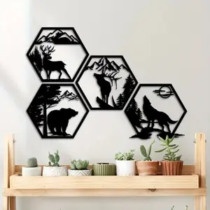 4pcs Hexagonal Metal Wall Sculptures - Elk, Deer, Wolf, Bear in Rustic Black for Forest & Wilderness Decor