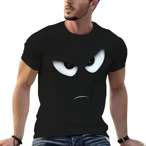 Angry Face Graphic T-Shirt Playful Frown & Intense Eyes Tee for Bold Humorous Style Fitted Short Sleeve Crew Neck Casual Summer Medium Length