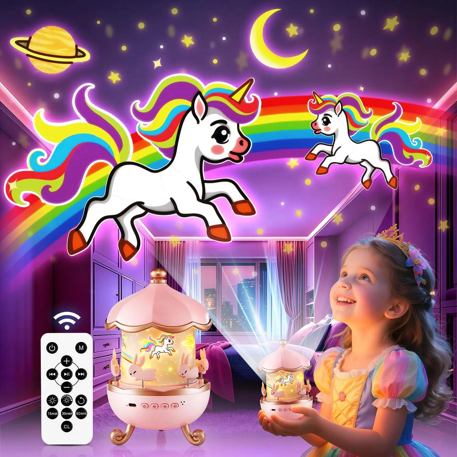 Onefire Night Light For Kids Birthday Gifts 15 Films & 15 White Noises Remote Cartoon Star Projector Lamp Sensory Lights Autistic Children Princess Room Decor Toddler Baby Sound Machine Unicorn Dinosaur Egg Toys Boys Girls Ages 1-10