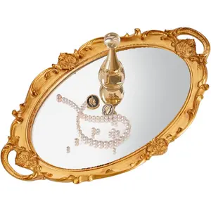 Gold Mirror Tray Vintage Vanity Tray for Dresser Perfume Storage Decorative Mirrored Glass Tray Coquette Room Decor, Bedroom Bathroom Oval Antique Serving Makeup Organizer