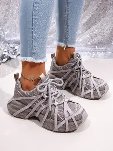 Women's Rhinestone Dad Shoes, Woven Strap Design, Versatile Height Increasing Casual Sneakers, Casual Trainers, Comfortable Fashion Footwear, Walking Shoes, Trendy Trainers, Lace Up Trainers