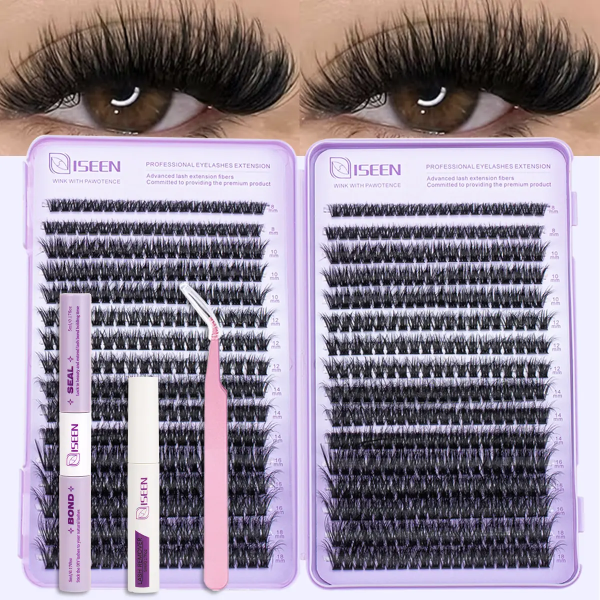 Mix Length DIY Cluster Eyelash Extension Kit, False Eyelash Set, 8-16mm Curled Lashes, Long-Lasting Waterproof, DIY Eyelash Extensions, Includes Bond& Seal & Remover Tweezers, DIY Eyelashes Kit