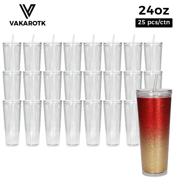VAKAROTK 25pcs 24oz Acrylic Double-Walled Snow Globe Tumbler Water Bottles, Clear Plastic Tumblers with Straw Lids, Wholesale Drinkware for DIY Gifts