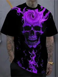 A men's oversized 3D purple flame skull pattern printed T-shirt - a fashionable, comfortable and breathable round-neck short-sleeved shirt, suitable for casual wear.