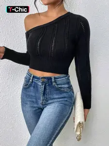 Sexy Asymmetrical Neckline Knit Pullover Sweater, Elegant Tight-Fitting Long Sleeve Top, Spring & Fall Fashion, Plain Pattern, Knitwear