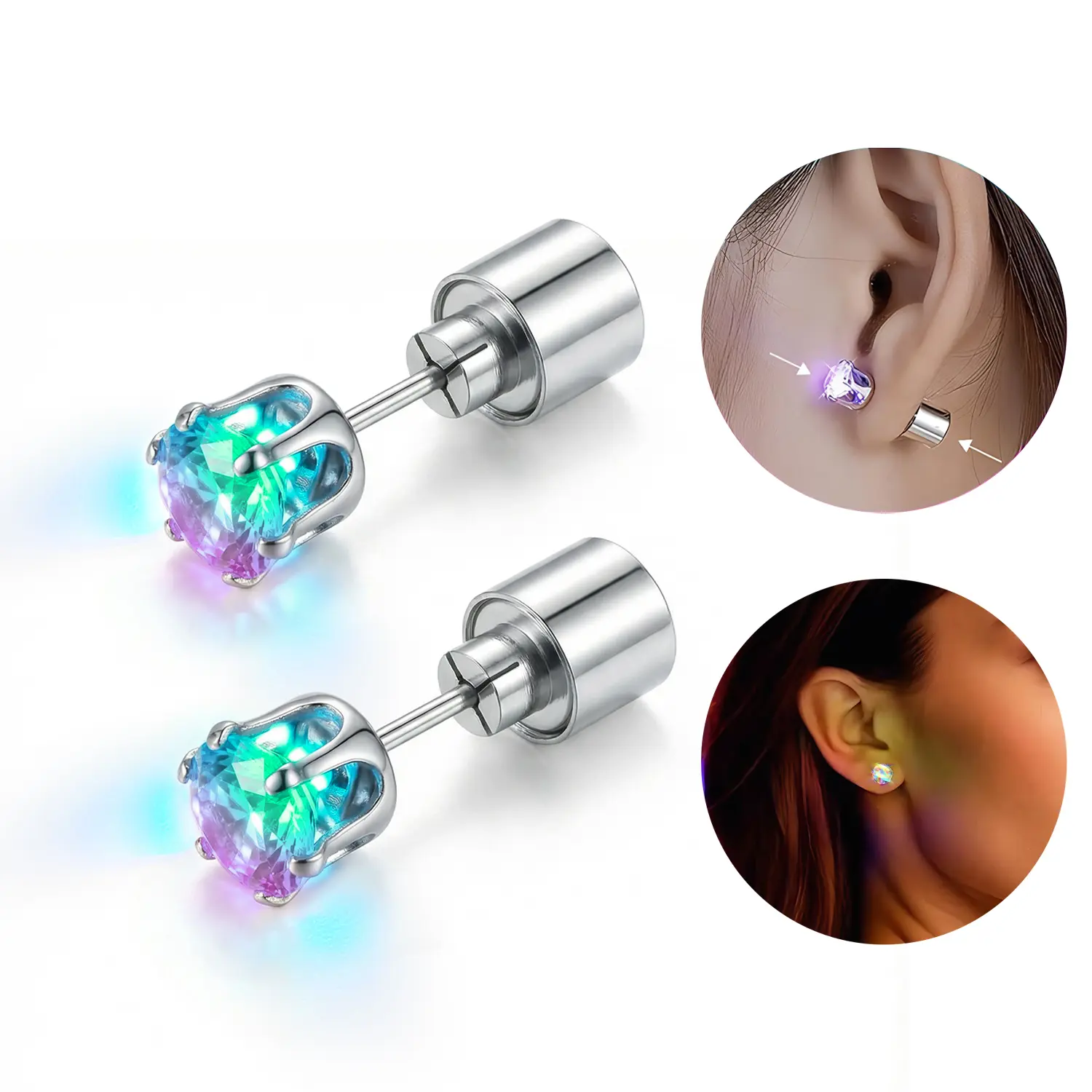 LED Light Up Earrings, Glowing Diamond Crown Stud Earrings for Women & Men – Flashing LED Jewelry for Party, Wedding, Birthday, Night Out, Disco & Festival