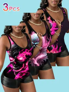 Women's Summer Street Style Tank Tops Set, Elegant Slim-Fit Deep V Neck, All-Over Print, No Sleeve, 3-Piece