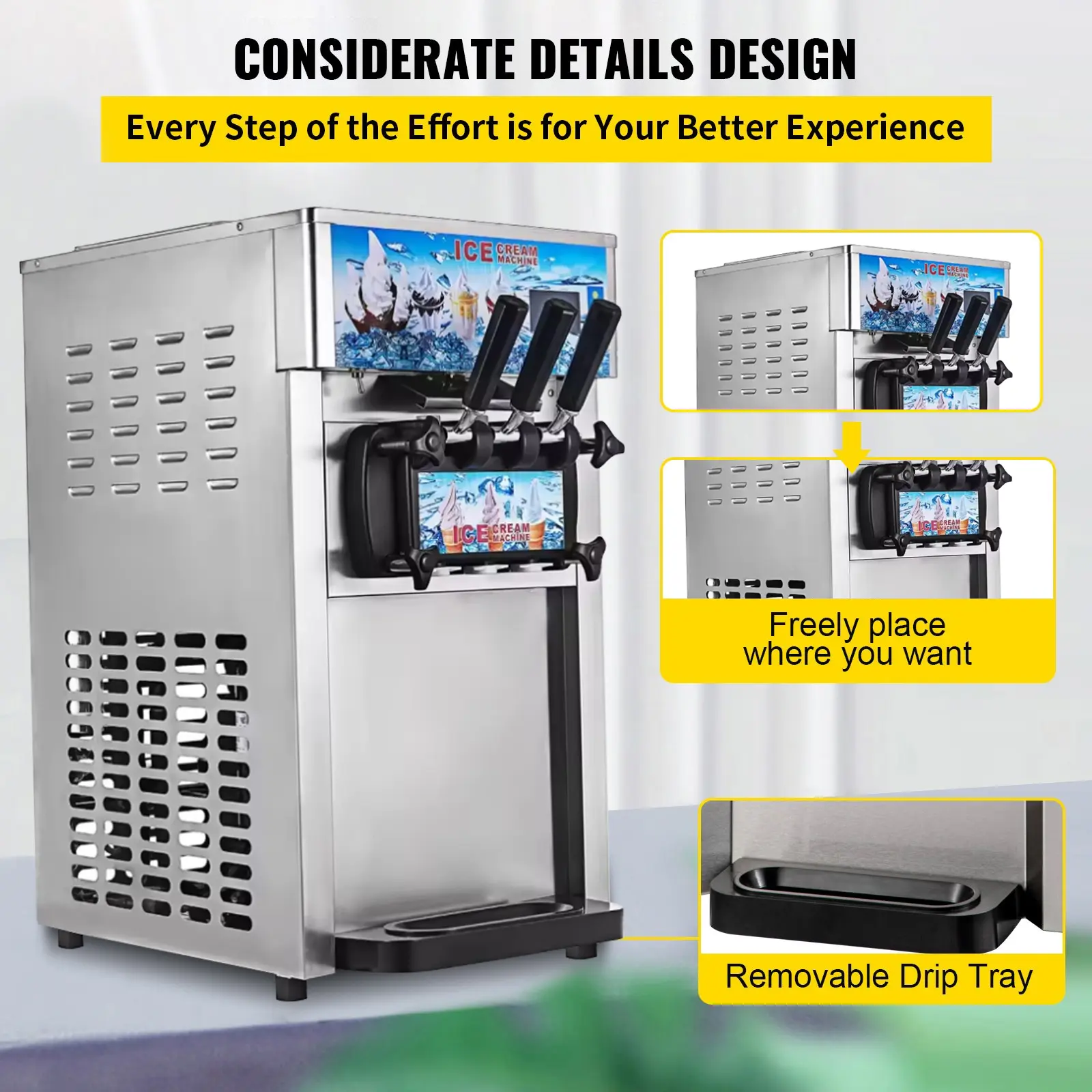 Commercial Soft Serve Ice Cream Machine & Yogurt Maker for Restaurants, Indoor Use, 18L/Hour Output, 3 Flavors & 3 Distinct Nozzles, 1200W Compressor, 304 Stainless Steel, Double 3L Hoppers, Fast Efficient, Low Noise, Energy Saving