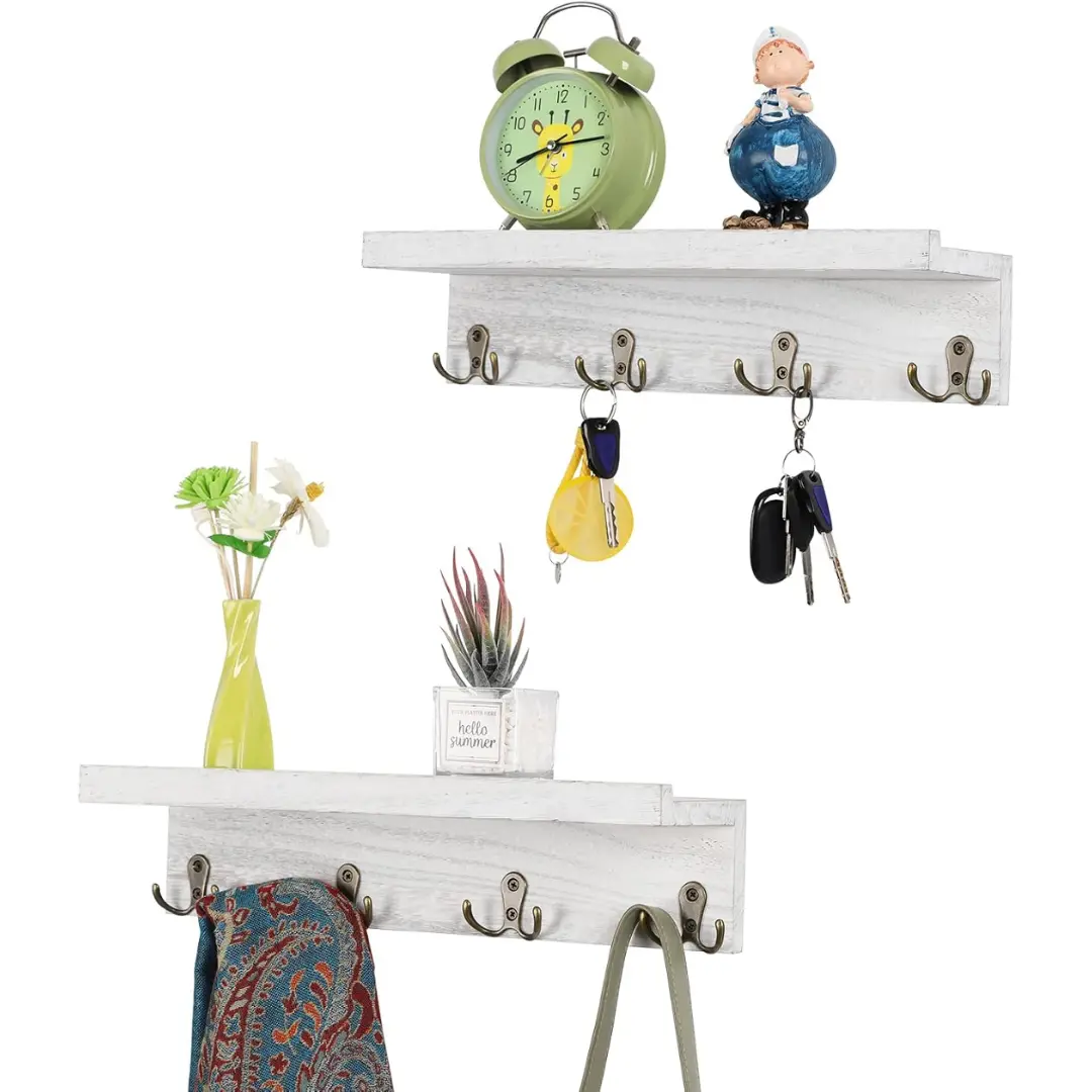 Antique Wooden 2-Pack Floating Wall Shelves - Hanging Organizer with 16-Hook Coat Rack, Easy-Install Storage for Home Entryway, 2-Shelf Bathroom Decor, Shelf Organizer