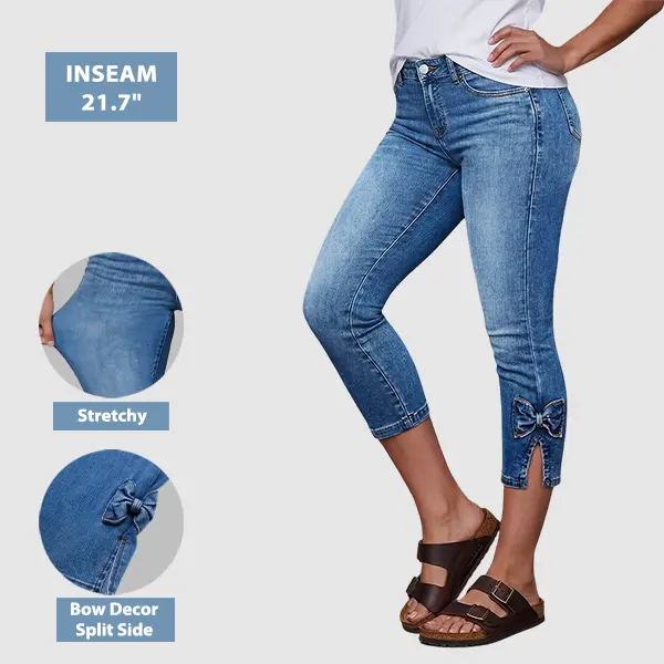 Flamingals Wash Bow Decor Split Side Mid Rise Capri Skinny Jeans Stretchy 21.7'' Inseam