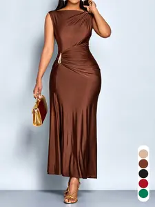 Women's Elegant Sleeveless Knit Dress, Plain Color, Ruched Decorative Button, Slim-Fitting, Long Party Gown, All Seasons Fashion