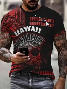 Men's Hawaiian Tribal Pattern T-Shirt, Fitted, Lightweight Breathable Fabric, Bold Tropical Print, Short Sleeve, Casual Wear