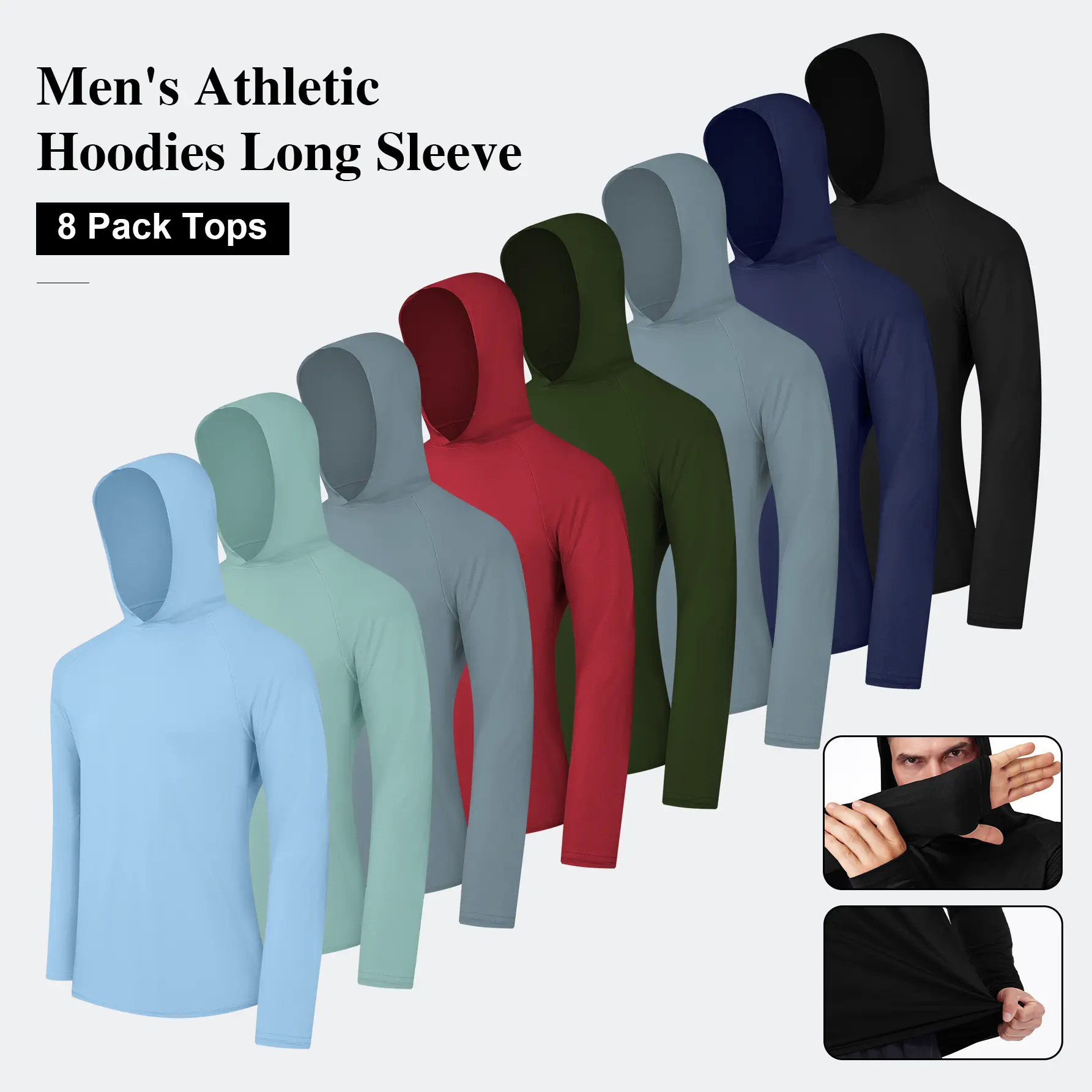8 Pack Men's Athletic Hoodies Long Sleeve Fishing Shirts for Men UPF 50+ SPF UV Sun Protection Shirts Rash Guards