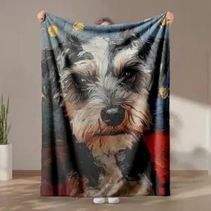 1 piece Schnauzer dog portrait oil painting themed flannel blanket - Modern-style flannel blanket, suitable for sofas and beds, all-season use, super soft and comfortable, digital printing, 100% polyester material, machine washable, suitable for