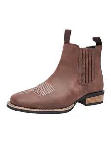 Men Low Heeled Bare Casual Boots With PU Embroidery Pattern Square Toe Classic  Comfortable Men Western Ankle Cowboy Boots