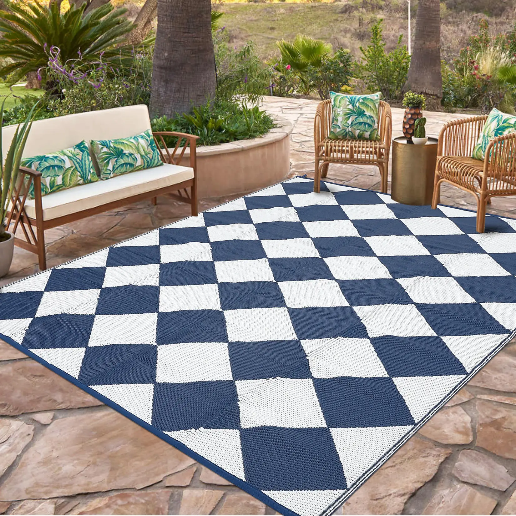 320GSM PP Tube Woven Outdoor-Proof Decorative Geometric Design Rug, Black & White Large Diamond Grid Carpet for Deck/Balcony, Porch Lounge Ready Camping Use