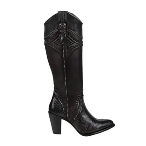 LD Black Python M Embroidery Studs & Zipper Round Toe Women's Boots with Unique Design and Stud Detailing
