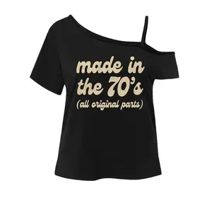 Womens Asymmetrical One Shoulder Strap Short Sleeve Tee Off Shoulder Top Vintage 70s Birthday Graphic Shirt Cute Going Out Y2K Streetwear