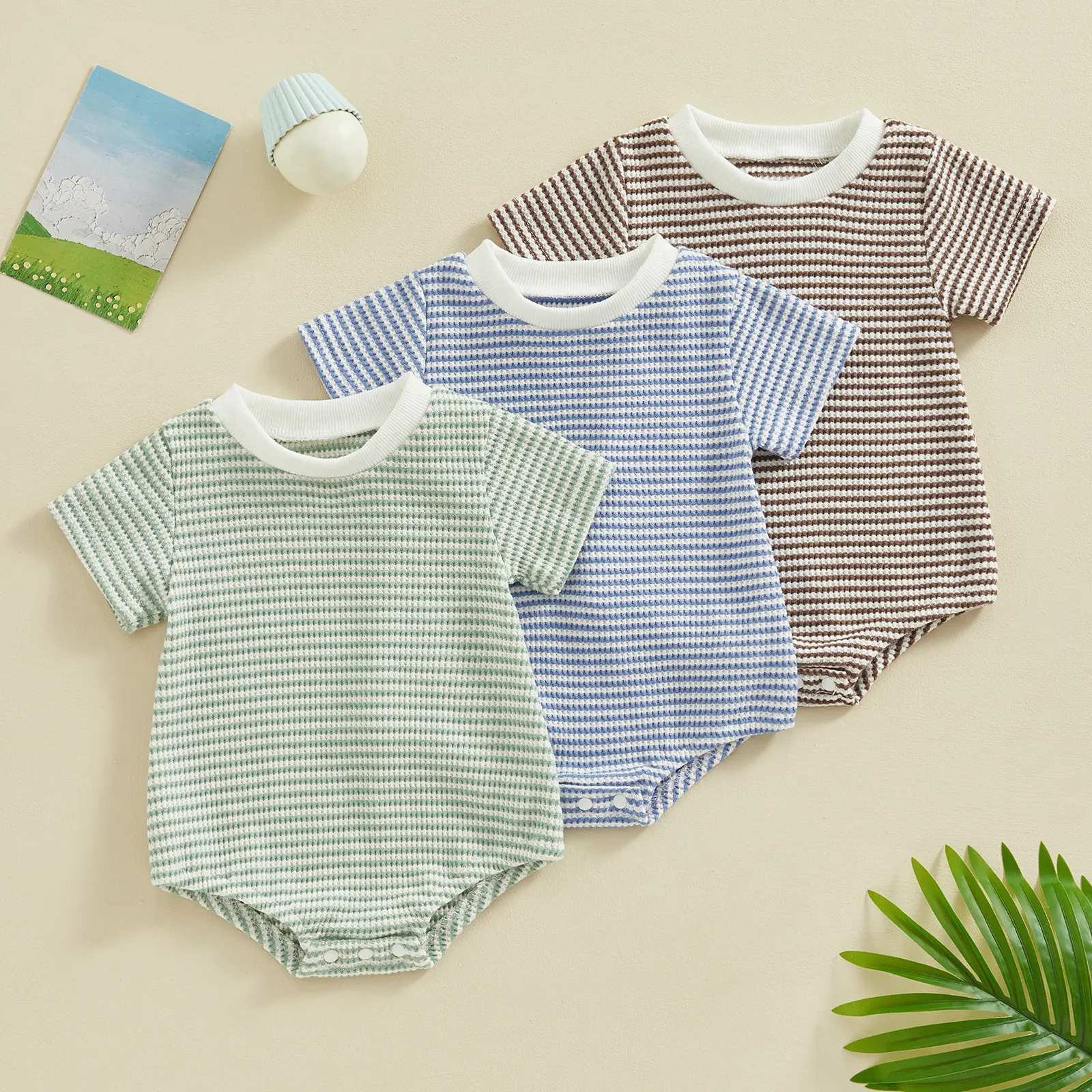 Unisex Infant Cotton Blend Round Neck Waffle Knit Contrast Color Striped Romper - Short Sleeve Oversized Bubble Bodysuit, 0-3 Months 41cm Summer Baby Clothing