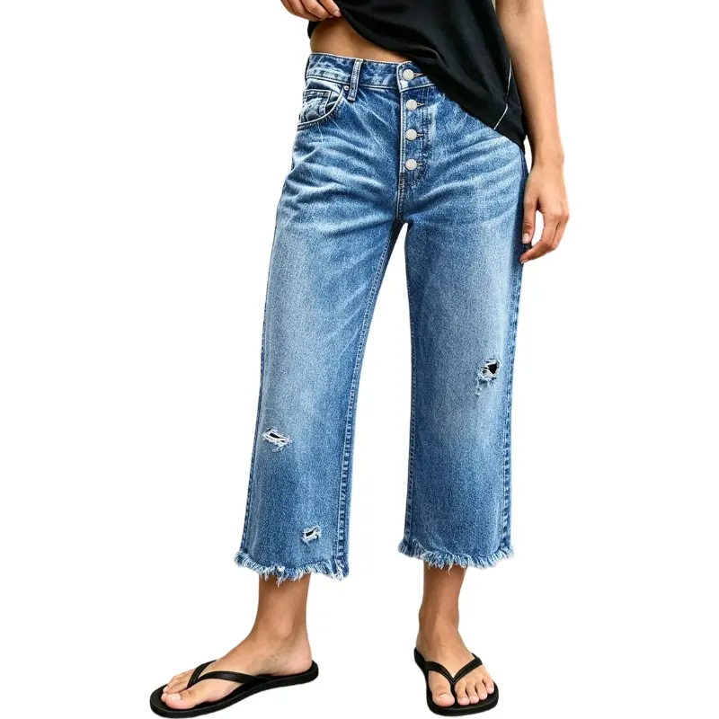 Flamingals Raw Hem Ripped Button Fly Mid Waist Straight Leg Crop Jeans Stretchy 23.2'' Inseam