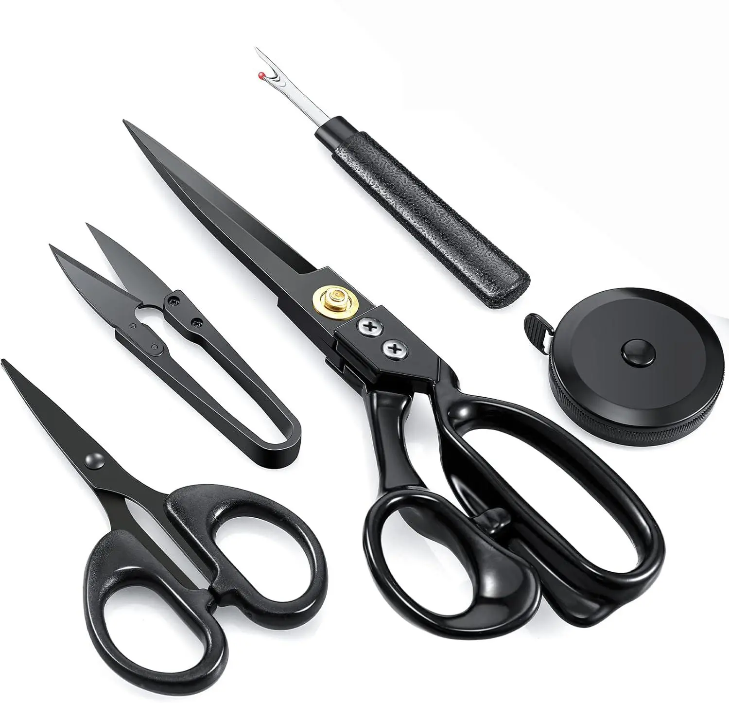 5 Pcs Professional Tailor Scissors Set,9'' Heavy Duty Fabric Sewing Shears,Black Industrial Dressmaking Craft Tool Kit with Thread Snips,Tape Measure,Seam Ripper,Halloween Christmas Fathersdaygift,Hand Tools Kits