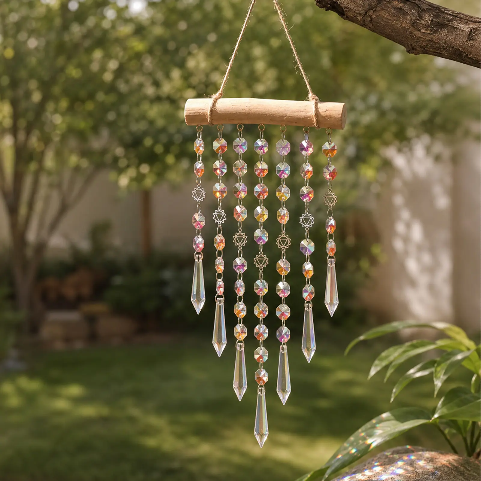 Crystal Sun Catcher, Hanging Suncatcher Prism Wind Chime, Handmade Rainbow Maker Indoor Outdoor Decor for Window Bedroom Courtyard Garden, Bless Gift