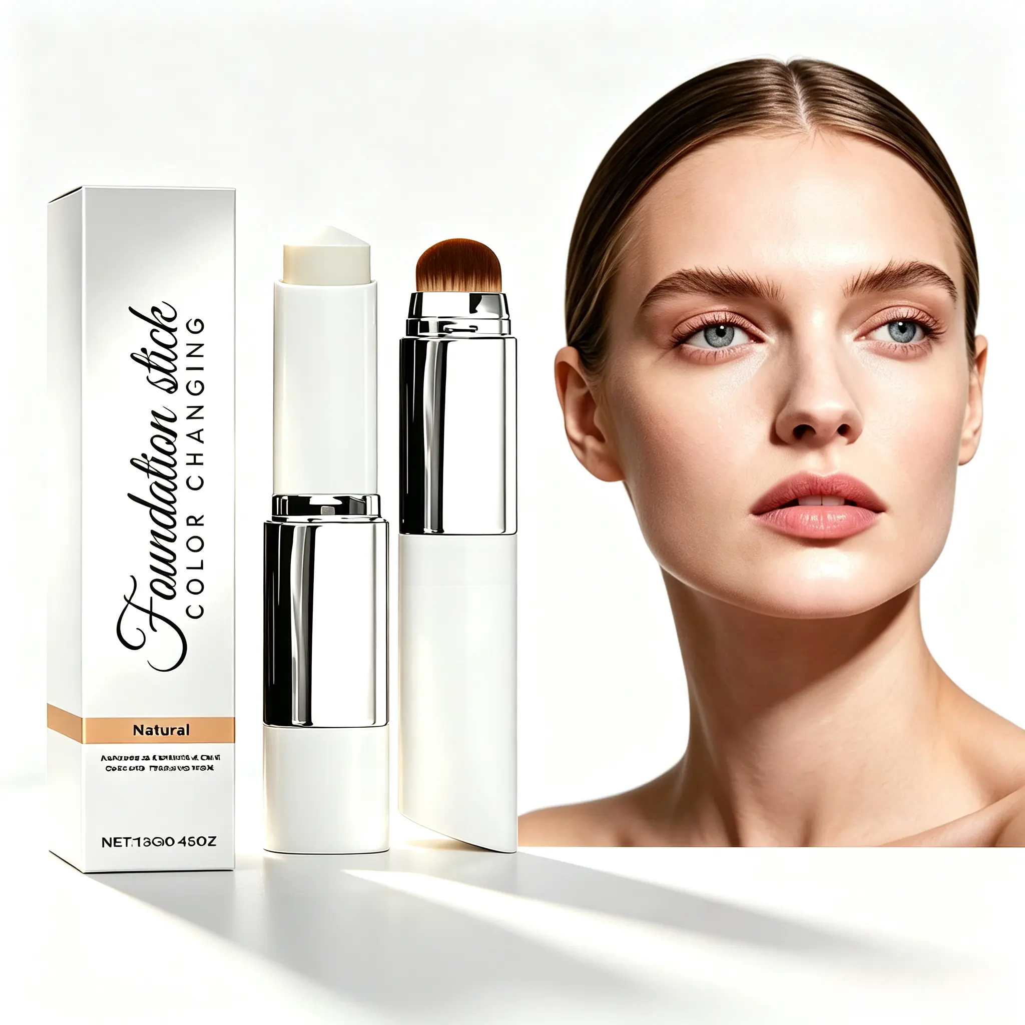 2-in-1 Color Changing Foundation & Concealer Stick with Built-In Brush, Hydrating Long-Wear Coverage, 13g