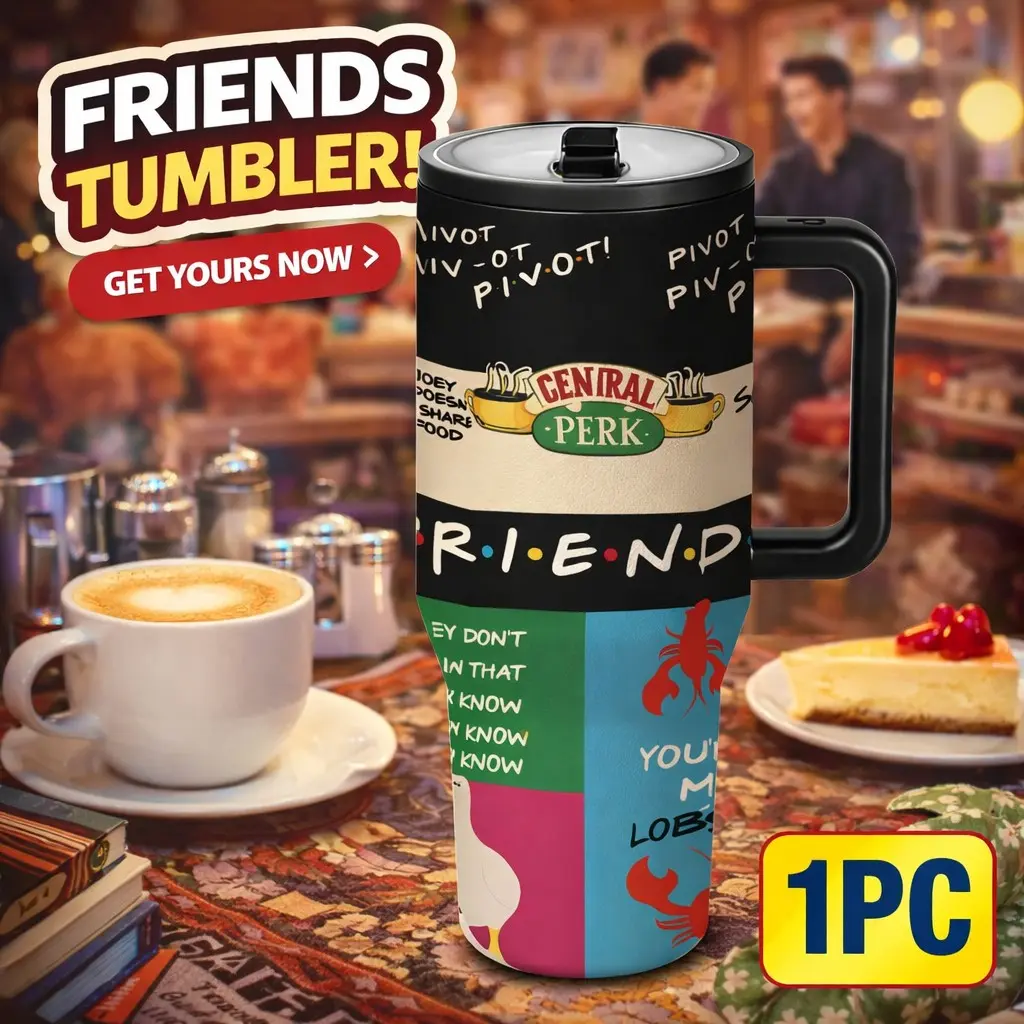 1pc 40oz Friends Funny Coffeehouse Tumbler, Stainless Steel Insulated Mug with Handle, Vacuum Insulated Cups, Retro Quote Travel Cup for Coffee, Tea and Cold Drinks, Large Capacity Vacuum Flask Gift for Friends, Women and Men, Dad Tumbler