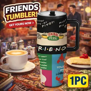 1pc 40oz Friends Funny Coffeehouse Tumbler, Stainless Steel Insulated Mug with Handle, Retro Quote Travel Cup for Coffee, Tea, Water and Cold Drinks, Large Capacity Vacuum Drinkware Gift for Best Friends, Women and Men, Funny Dad Tumbler