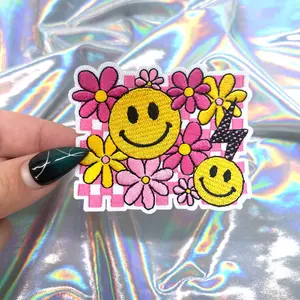 Retro Pink Checkered Flowers Iron On Patch