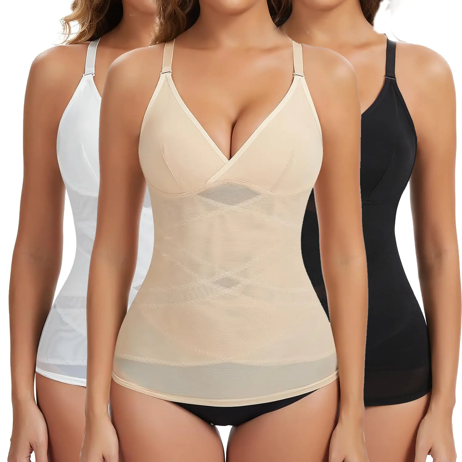 Women's Abdominal Compression Support Shapewear Cami Tank - V-Neck, Spaghetti Strap, Built-in Bra, Adjustable Straps, Plus Size, Basic Comfort Vest for Wedding, Party
