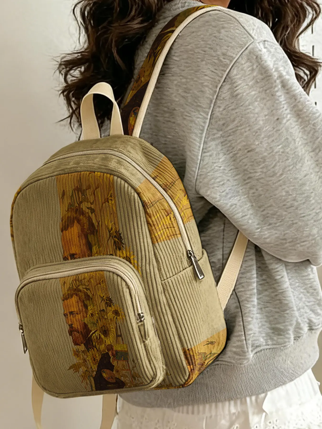 1 piece of lady's backpack with 2D printed Van Gogh and sunflower pattern, velvet texture + layered storage + lightweight and easy to carry | perfect for students to go to class/shopping/short trips | combines atmosphere with practicality