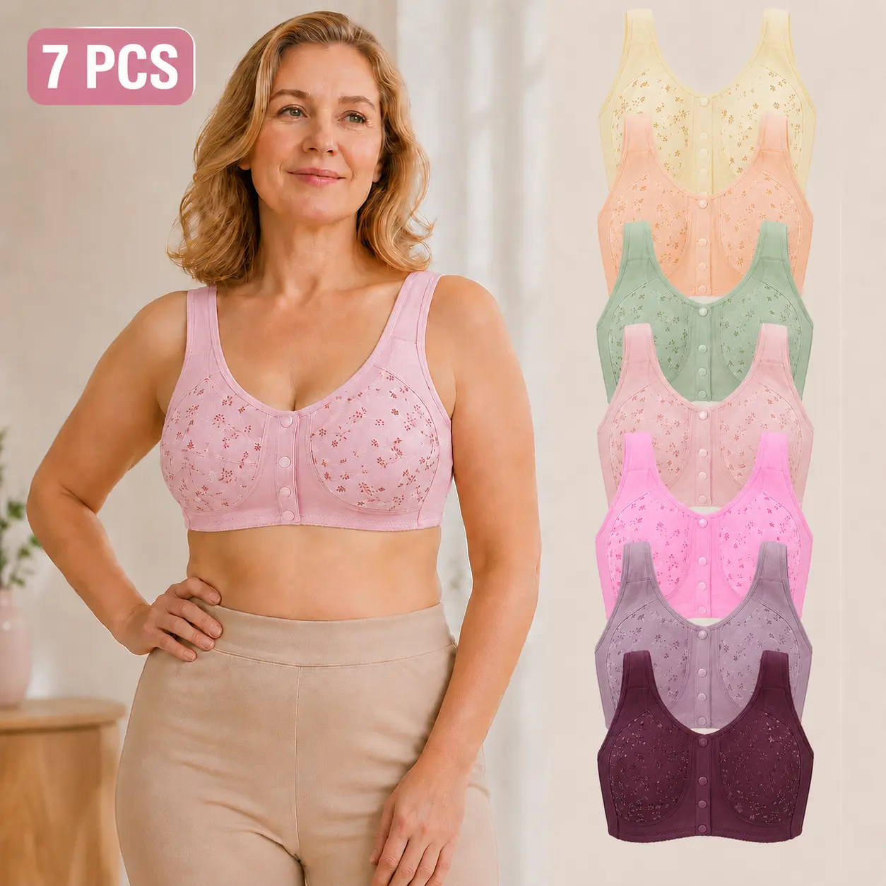 Women's 7-Pack Front Closure Wireless Bras - Everyday Light Support Lace Bralettes, Ultra-Soft Comfortable Fabric Yoga Sleep Bras, Breathable Stylish Holiday Homewear Set (M-XXL)