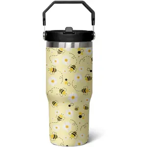 30 oz Bee tumbler With Handle Lid and Straw,Queen Bee Flip Straw Coffee Mug Cup Tumbler Water Bottles,Honey Bee themed Gifts for Women Daisy Flowers,Bee Decor
