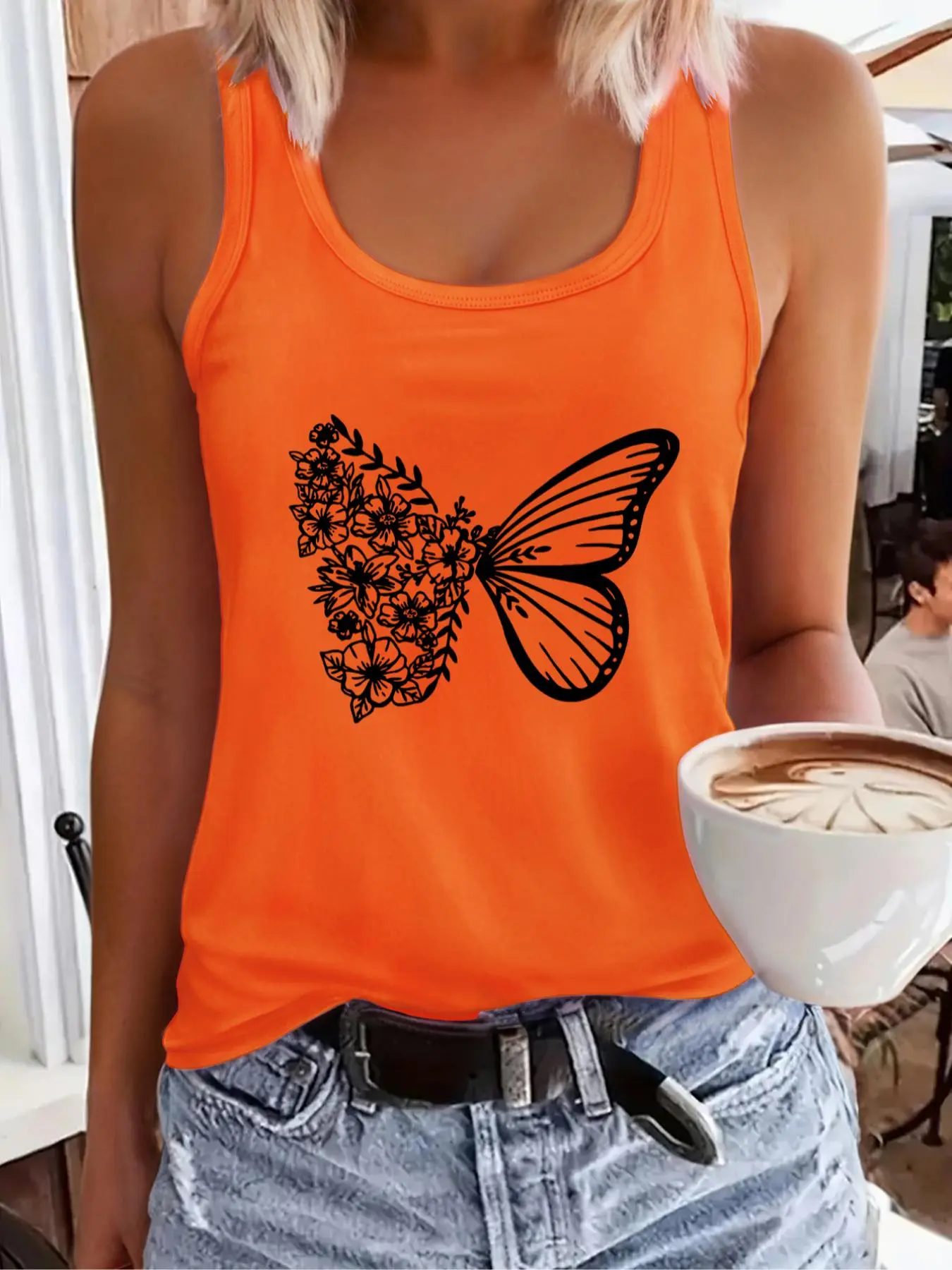 Women's Butterfly Print Round Neck Breathable Tank Top, Casual Fashion Sleeveless, Casual Fit Sleeveless Top for Daily Wear, Ladies Clothes for All Seasons, Tanktop