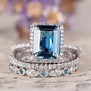 3-Piece Stackable Ring Set for Women, 925 Sterling Silver Emerald-Cut Ocean Blue Zircon with Pavé Cubic Zirconia Halo, Luxury Bridal Wedding Band Set, Hypoallergenic Statement Jewelry for Engagement Anniversary Party Daily Wear