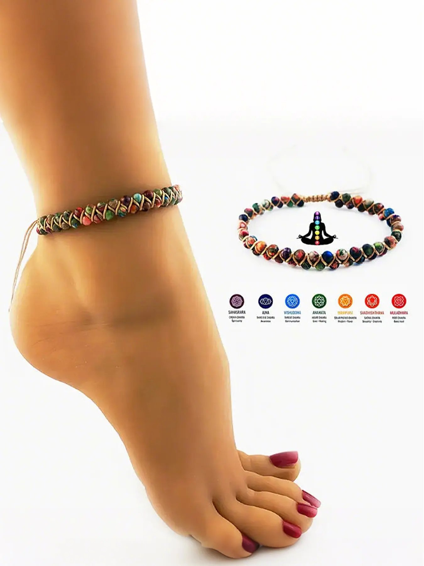 Natural Lapis Lazuli Crystal Anklet, Seven Chakra Braided Hand Rope, High Quality Bracelet, Symbolic Jewelry Gift for Friends, Spiritual Happiness & Good Luck, Ankle Bracelets