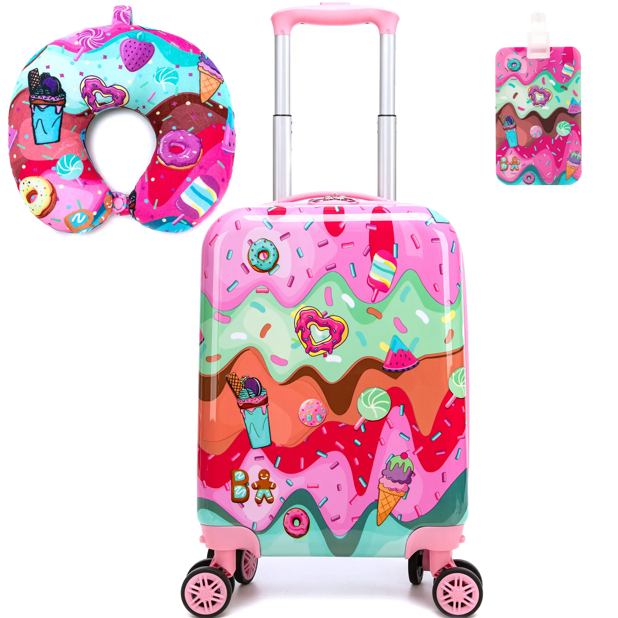 Kids' 3-Piece Heavy Duty ABS Plastic Luggage Set, 4 360-Rotation Wheels, Lightweight Hard Shell Wheeled Suitcase, Matching Neck Pillow, Heart Motif Birthday Gift for Students, Zipper
