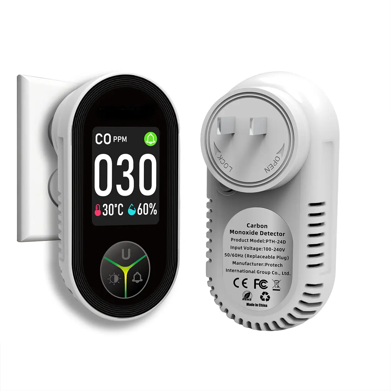 Plug in C/O Detector Wall, 3-in-1 Air Quality Monitor CO2 Alarm, Digital Display CO2 Monitor, Household Temp Humidity Meter, Real-Time CO2 Level Sensor Alert for Home Office School Garage