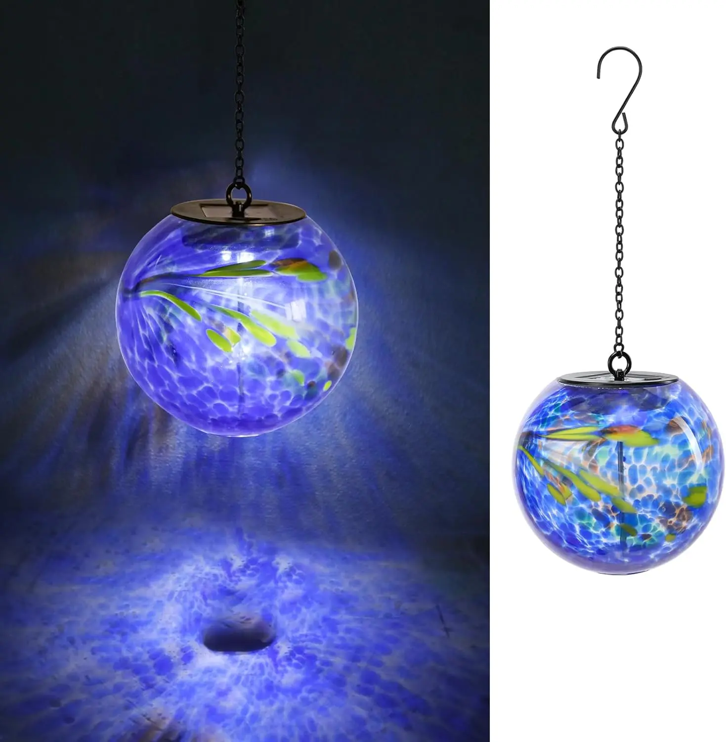 Solar Hanging Lanterns Outdoor Decoration, Glass Solar Lights with Hook Up, Solar Garden Gazing Ball Light for Yard, Tree and Patio Decor, Blue