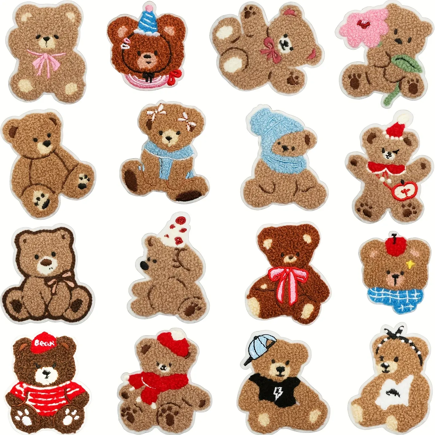 16pcs Cute Bear Patches - Brown Bear Plush Iron On Patch Bear Embroidered Sew On/Iron On Patches for Clothes, DIY Accessories