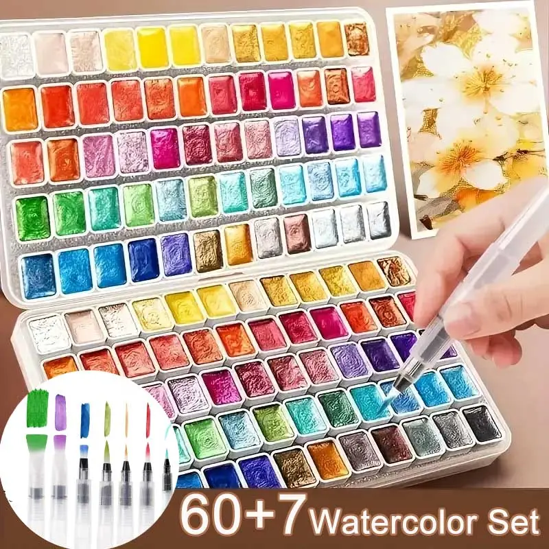 67pcs Watercolor Paint Set Sparkle Pearlescent Solid & 7pcs Watercolor Brushes, 60 Metallic Colors with Portable Box, Flash Golden Starry Color Kit for Painting, Writing, Decoration, Art Supplies for Adults, Artists in Travel, Birthday, Easter and more