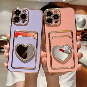 Plating Card Slot Bag Holder Case For iPhone 15 14 Pro Max Cases Glitter Mirror Cover For iPhone 13 11 12 Pro Max XS 7 8 Wallet Protector Screen Protector Protection Protective Shockproof Smartphone Cellphone Casing White