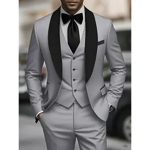 Men's 3pcs suit, plain color green fruit collar suit with jacket and formal trousers, suitable for business gatherings, graduation ceremonies, weddings and parties