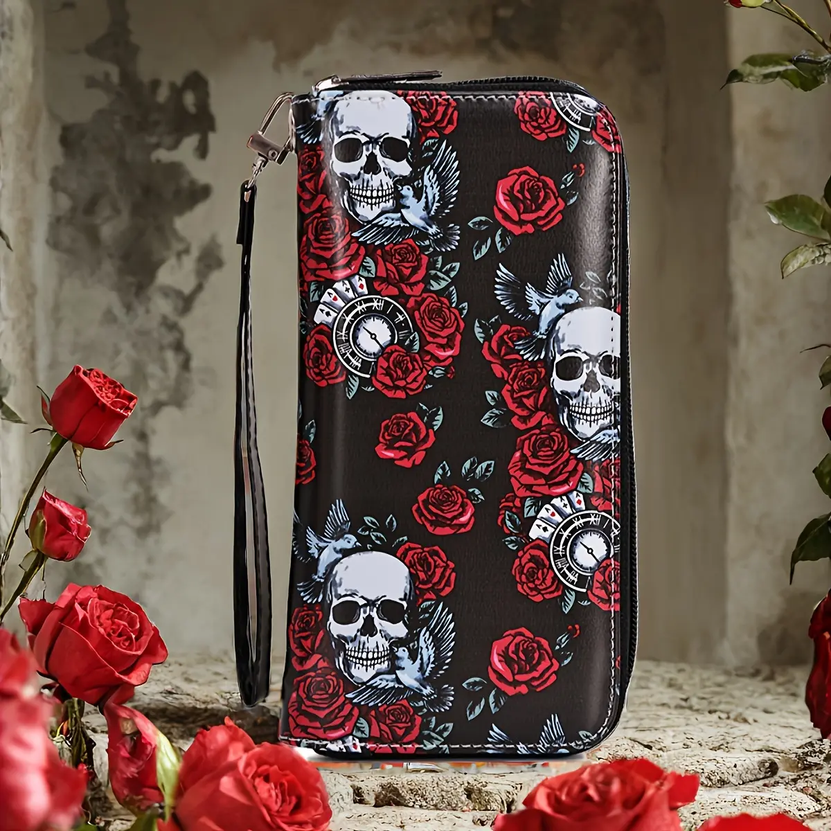 Colorful skull long wallet, vintage skull pattern, Halloween print, women's clutch bag, zipper position random Fashionable Plaid Shoulder mexican