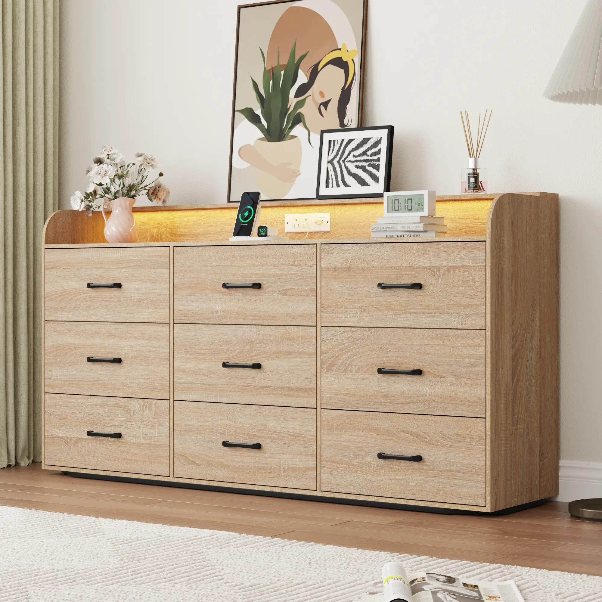 63-in Modern Wood Bedroom Dresser with 9 Drawer Compartments, Customizable LED Lighting, Convenient Power Outlets & USB Ports, Large Storage Cabinet Organizer for Bedroom