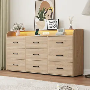 63" LED Dresser with 9 Drawers & Charging Station, Large Storage Cabinet for Bedroom, Modern Wood Chest Organizer