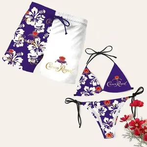 Purple Matching Swimwear Set for Couples -Swim Bra & Tie Side Bikini + Men's Beach Shorts, Summer Vacation Swimsuit, Hawaiian Shirt Style, Aloha Beach Outfit, Casual Holiday Bathing Suits, Menswear & Womenswear