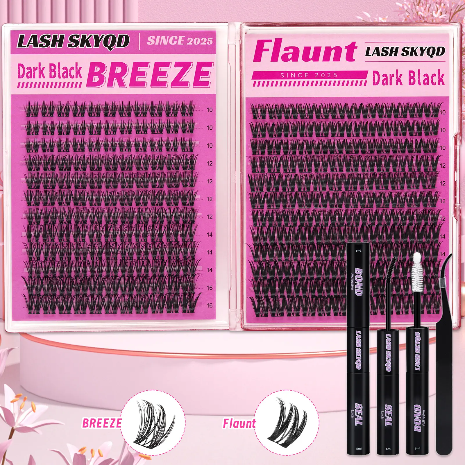 LASH SKYQD BREEZE & Flaunt 276pcs D Curl Black False Eyelash Cluster Kit - 10-16mm Mix Wispy Eyelash Extensions with Bond, Seal, Tweezers, Fluffy, Soft Clusters, Beginner Friendly, Longer Looking for Daily DIY Makeup, Eyelashes Extensions, Fluffy Lashes,,