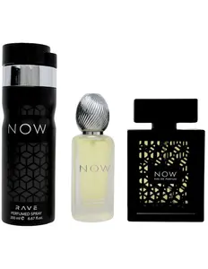 Lattafa Rave Now 3pcs Gift Set for MEN 3.4oz EDP Spray 1.7oz Hair Mist 6.7oz Deo Spray Floral Fragrance Ideal for Gifting or Personal Use